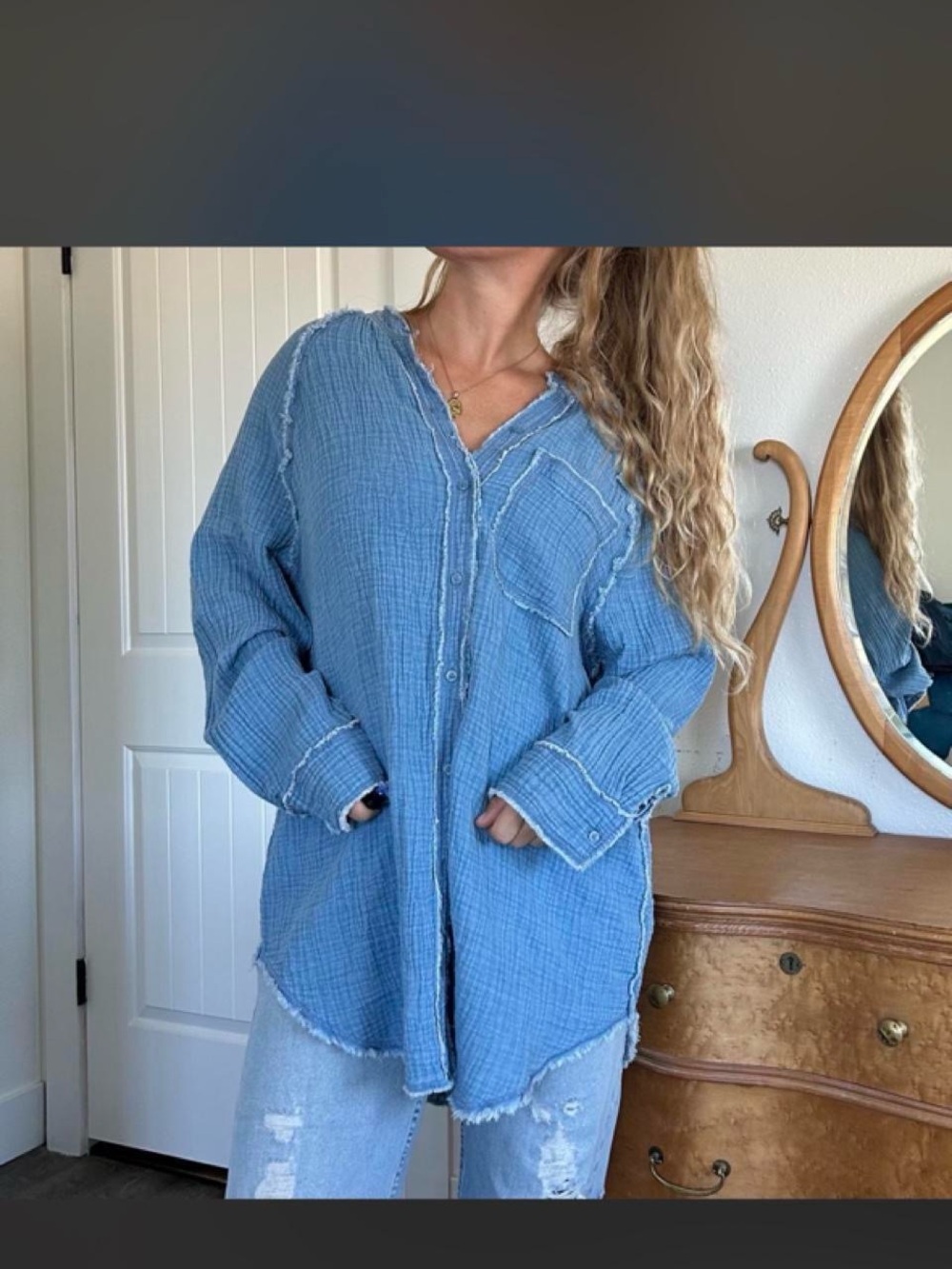 Aerie blue cotton oversized button up shirt med